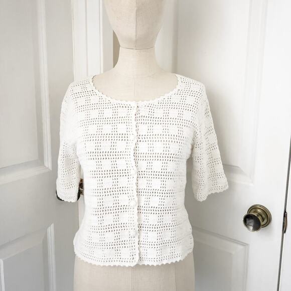 Crochet Knit Short Sleeve Cardigan J.Jill Cottage Button Medium Ivory Boho - Picture 6 of 6